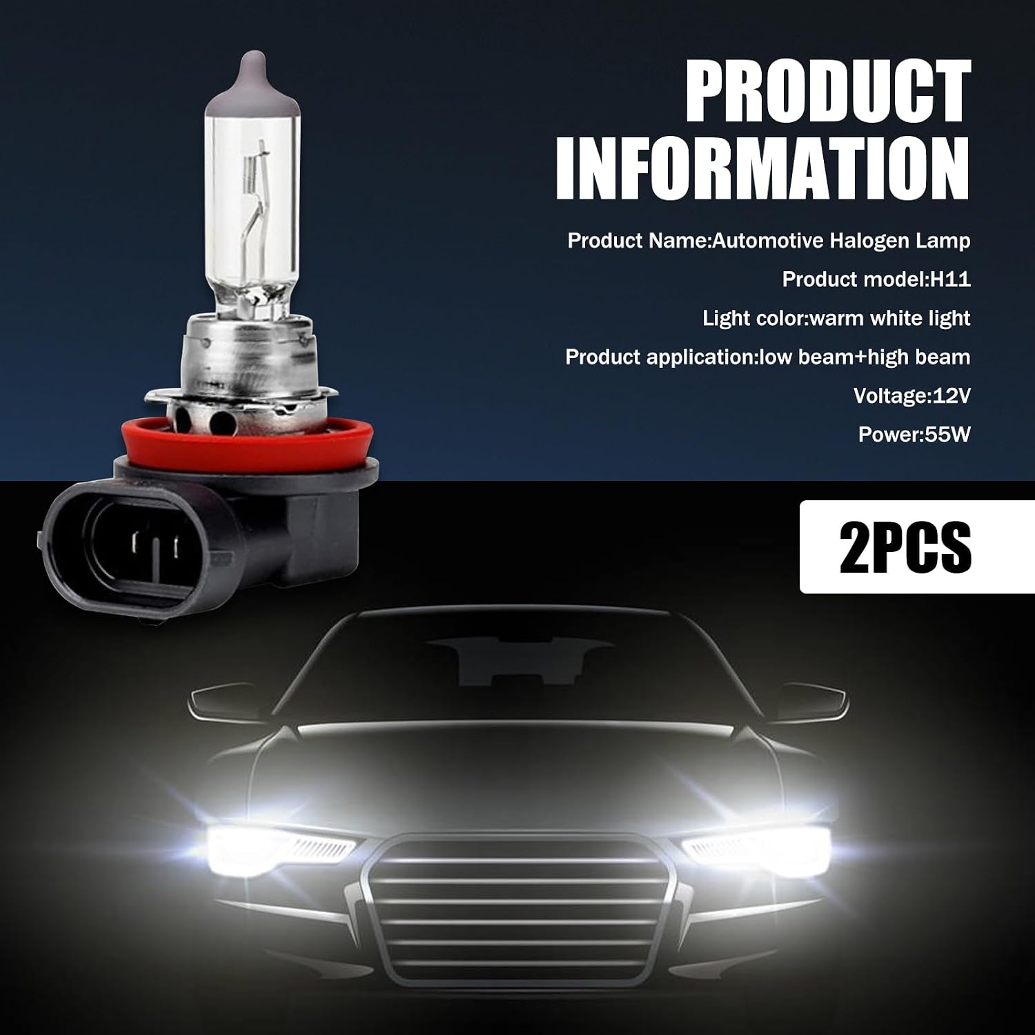Car H11-55W Halogen Lamp – Pack of 2, Waterproof Low Power Consumption, Plug and Play Bulb, 12V High Temperature Resistant Quartz Bulb, Universal for Cars (White) image 2
