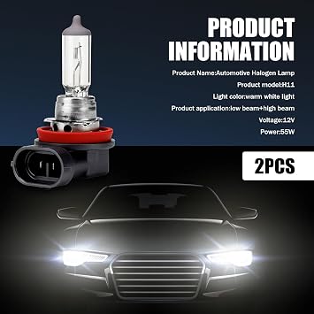 Car H11-55W Halogen Lamp Pack of 2, Waterproof Low Power Consumption, Plug and Play Bulb, 12V High Temperature Resistant Quartz Bulb, Universal for Cars (White)