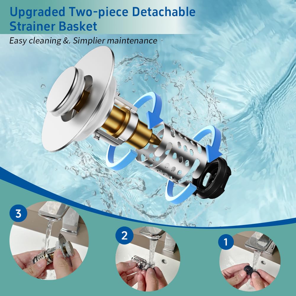 Universal Bathroom Sink Stopper, Sink Plug for 1.1”~2.36” Drain Hole, Upgraded Pop Up Sink Drain Stopper with Detachable Hair Catcher Filter Basket, Stainless Steel Plating, Brass Bounce Core (Chrome) 1