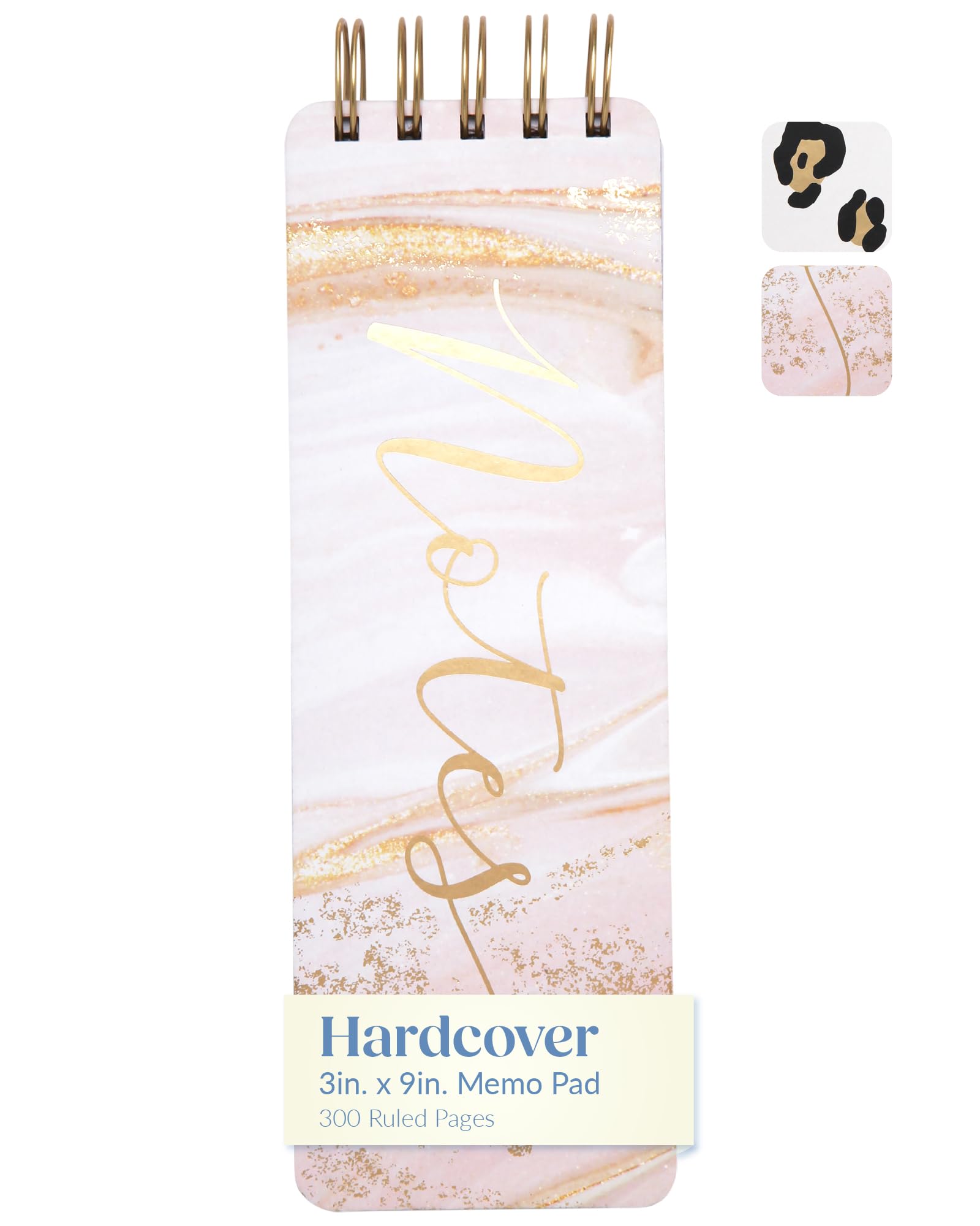 Eccolo Tall Spiral Memo Pad, 300 Pages, 150 Sheets, Double Spiral Binding, Office Essentials for Work, List Notepad for Students, Class and Shopping, Gold Foil (Pink Marble, 3x8.5 inches)