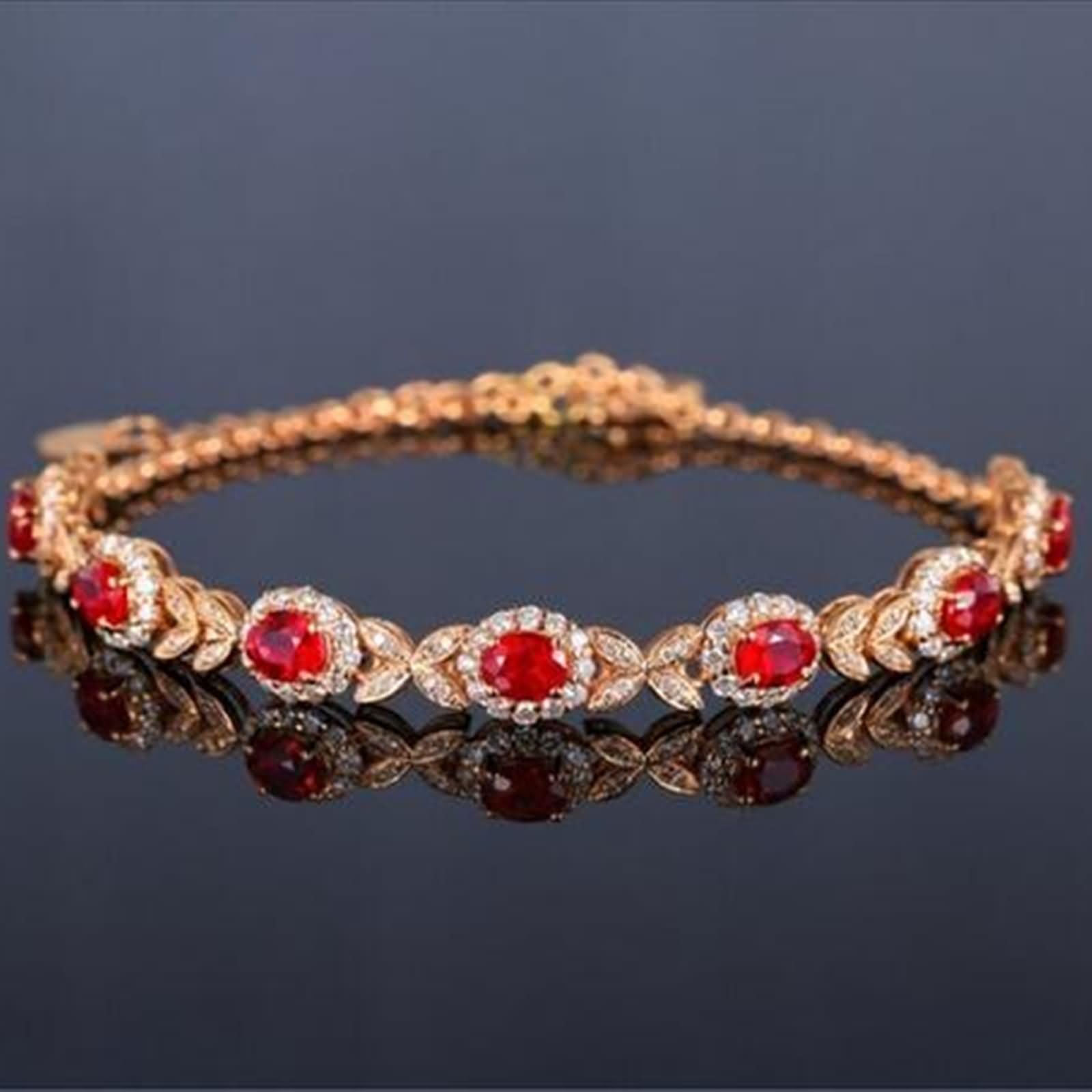 Pulseras de Mujer Oro Rosa 9 Kilates / 14 Kilates / 18 Kilates, Oval con Rubí Creado de 2.6ct y Moissanita, Cadena Extensible 16 CM + 5 CM, Pulseras de Mujer Ajustable de Oro Rosa