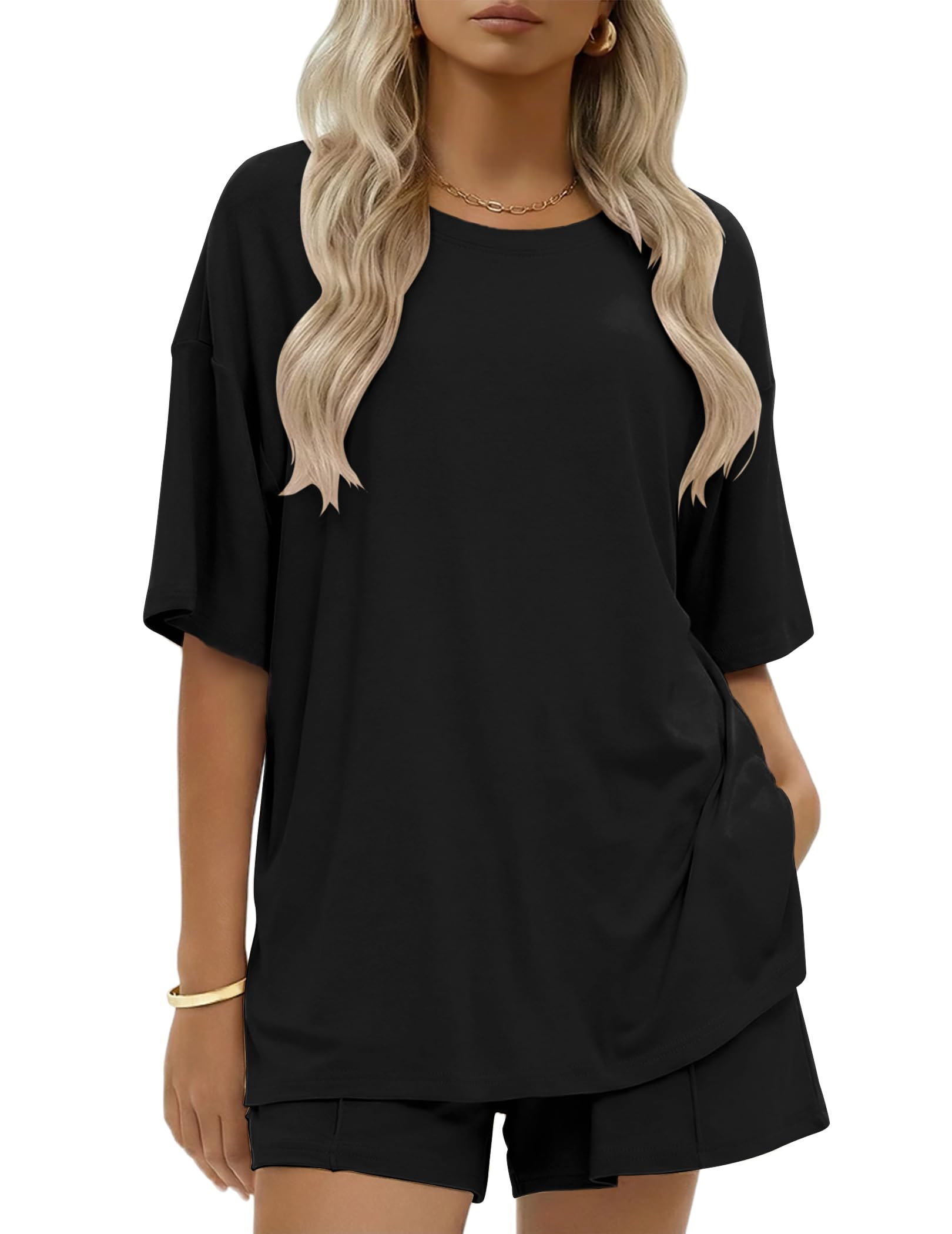 Ekouaer Womens 100 Cotton 2 Pieces Short Sets Summer Short Sleeve Outfits Casual Matching Lounge Set with Pockets