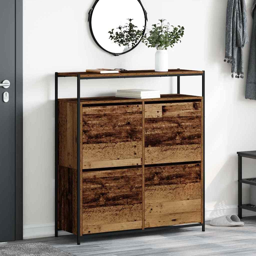 Zapatero con estante Madera vieja 100 x 34 x 112 cm | Madera mecanizada, patas de acero negro, puertas con bisagras, interiores, fáciles de montar