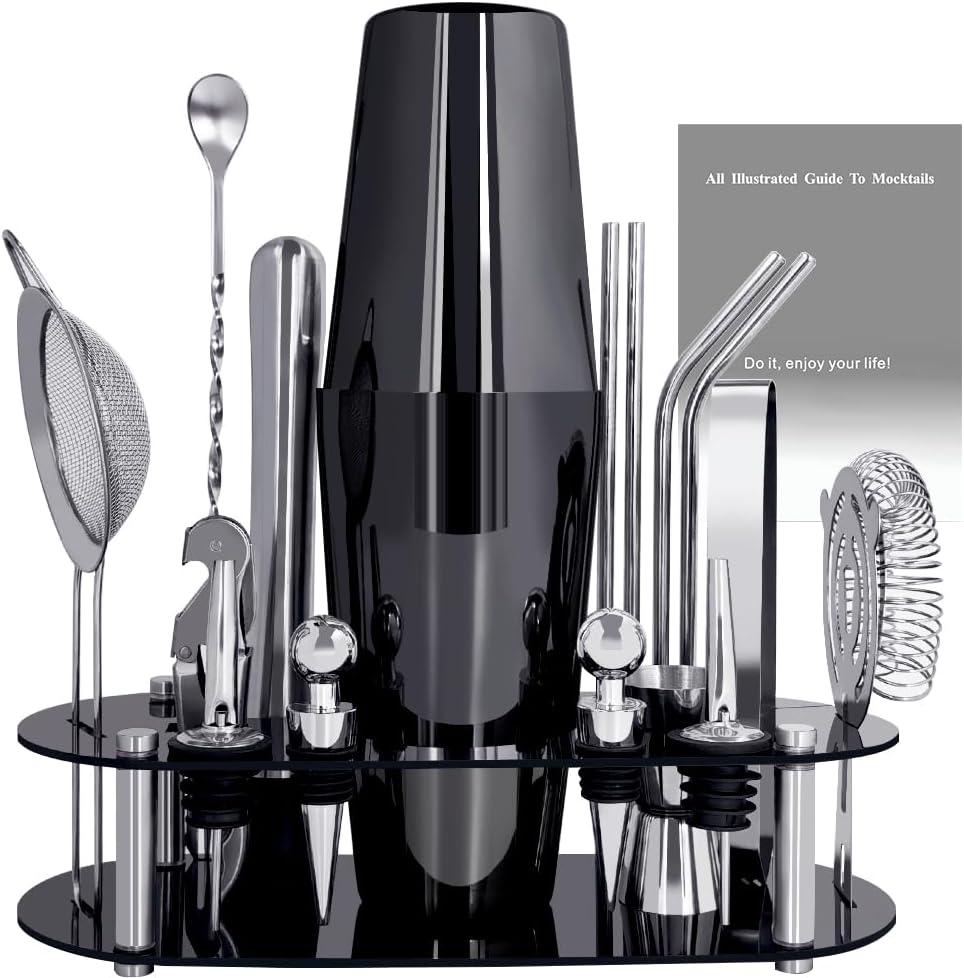 Cocktail Shaker Set Bartender Kit with Stand - 16 Piece Bar Tool Set Drink Mixer Set Includes : Shakers, Jigger, Strainer, Mixer Spoon, Muddler, Liquor Pourers, Straw (Black-25/20oz)
