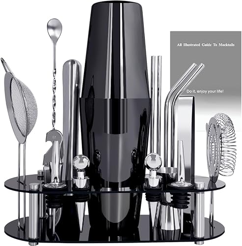 Miniatura 11 de Juego de coctelera con soporte, juego de herramientas de barra de 16 piezas, juego de mezclador de bebidas, incluye coctelera de 25 onzas, jigger