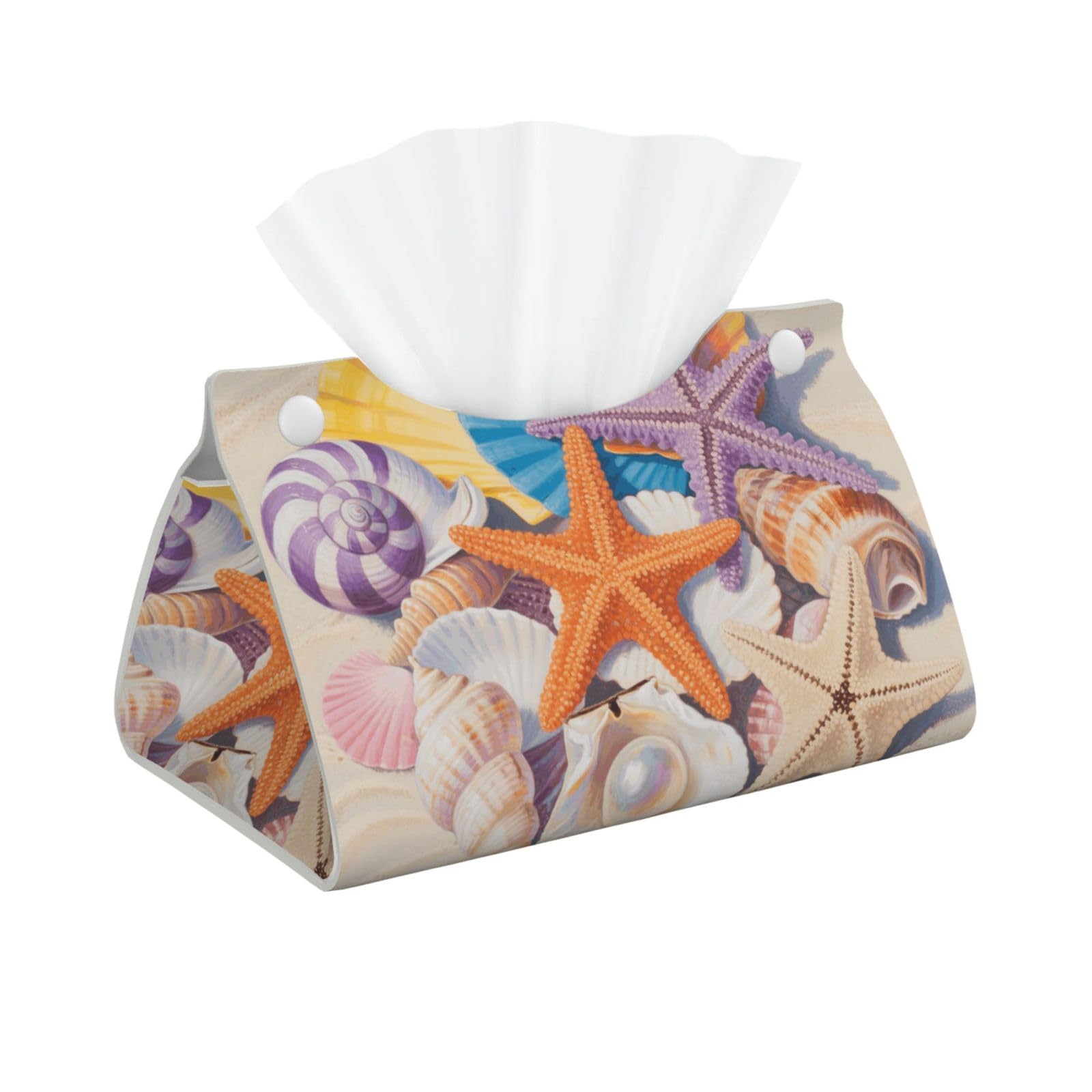 Pu Leather Tissue Box Cover, Colorful Seashell and Starfish Rectangle Tissue Case Covers Decorative Tissue Box Holder Waterproof Tissue Holder Organizer for Bathroom Home Office