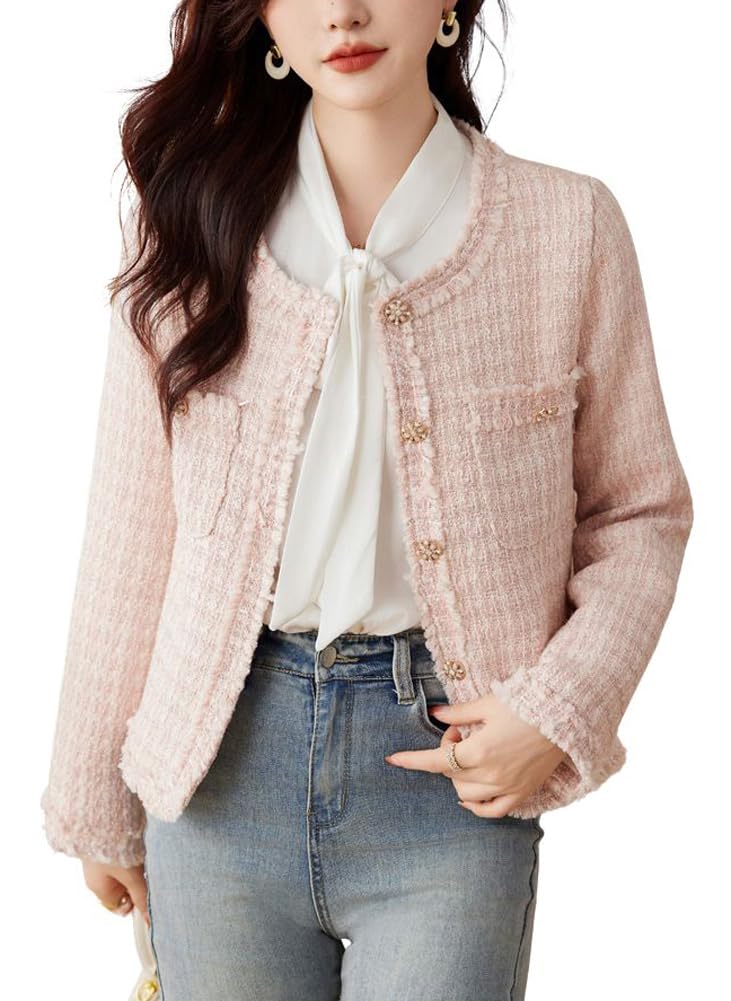 chouyatou Womens Fall Business Casual Tweed Blazer Button Down Dressy Fringed Tassel Jacket Coat