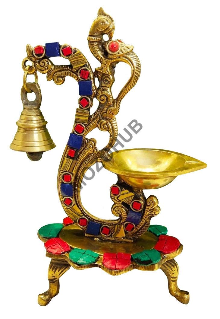 MOZOHUB Brass Multi Color Stone Studded Peacock Stand Diya 20 cm