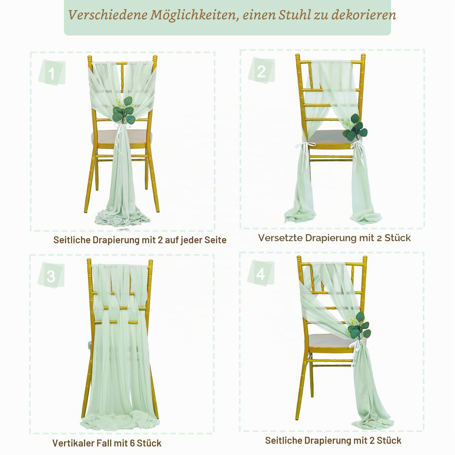 FUHSY Stuhlschärpen, Salbeigrün, Hochzeitsstuhldekorationen, 16 Stück, Stuhlbezug, 2,4 m lang, durchsichtige Chiffon-Schleifen für Stühle, Gangdekoration, für Hochzeitszeremonie, Kirche, Kirche