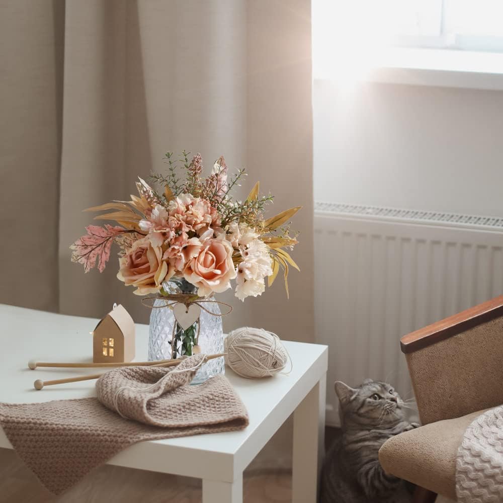 Silk Rose Flowers in Vase, Artificial Flowers Arrangement with Glass Vase Faux Hydrangea Rose for Decoration Table Centerpiece (Hydrangea Rose Pink) - Image 6