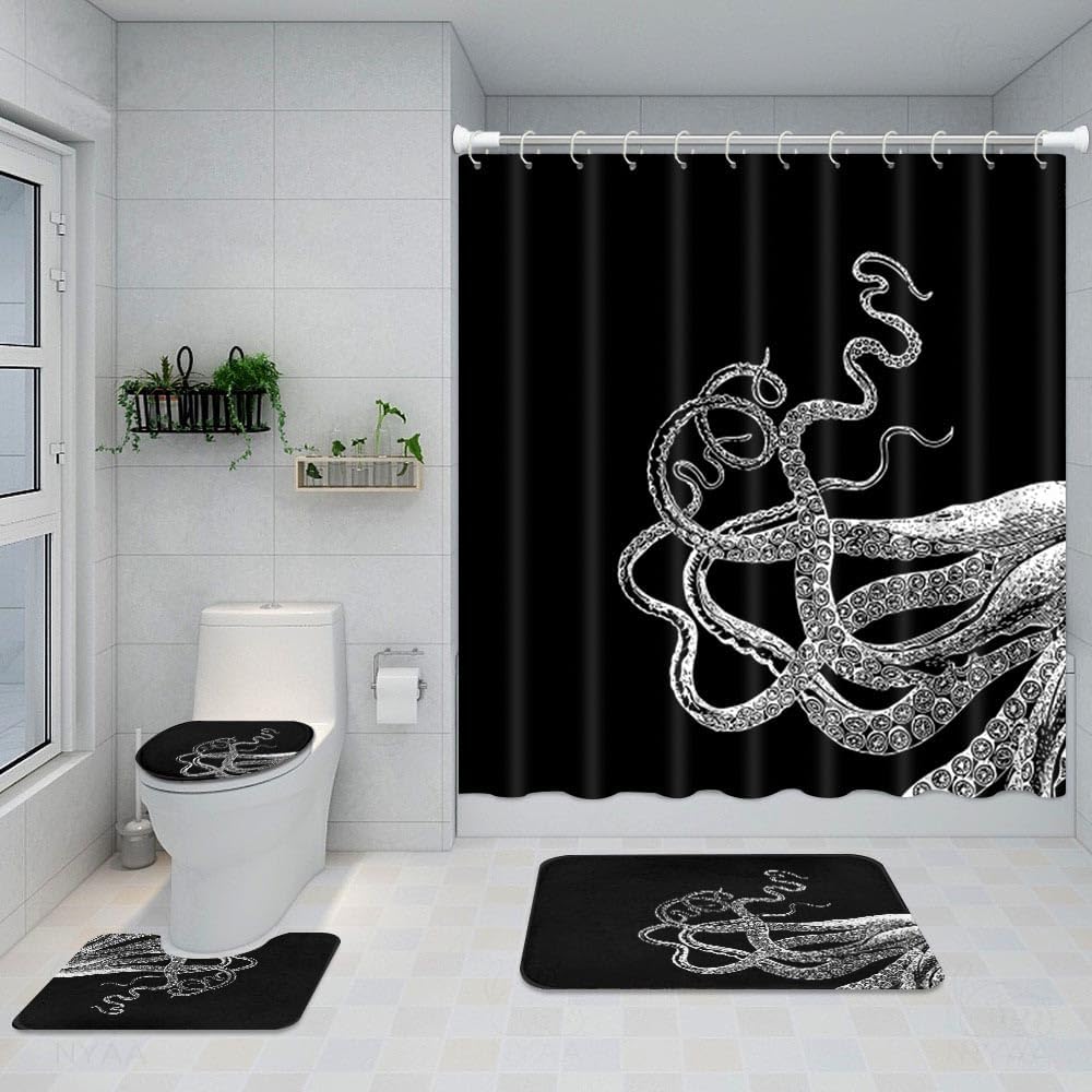 ArtSocket 4 Piece Get Naked Shower Curtain Sets White Octopus Tentacles Black Vintage Sea Ocean Kraken with Non-Slip Rug, Toilet Lid Cover, Bath Mat and 12 Hooks 72x72 inches