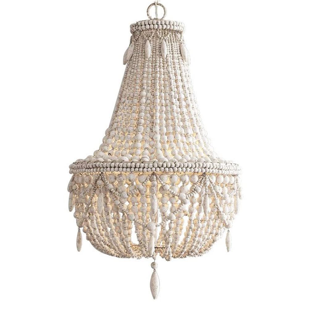 PLQWUJD Exquisite Chandelier Wood Beads Pendant Light French Pastoral Draped Beaded Hanging Chandelier, Boho Wooden Lighting Fixture, Retro Kitchen Island