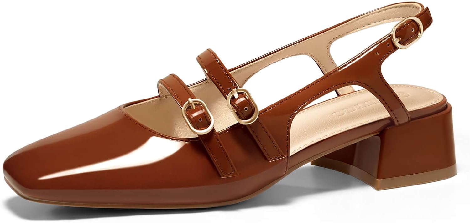 Coutgo Women's Mary Jane Chunky Low Heels Slingback Pumps Closed Square Toe Wedding Dress Shoes