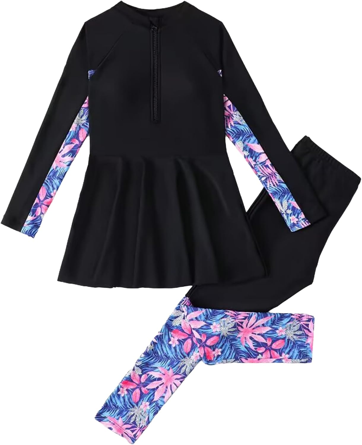 Kids Girls 2 Piece Swimsuit Tropical Print Rash Guard Swimwear Swim Dress with Pants Swim Sets
