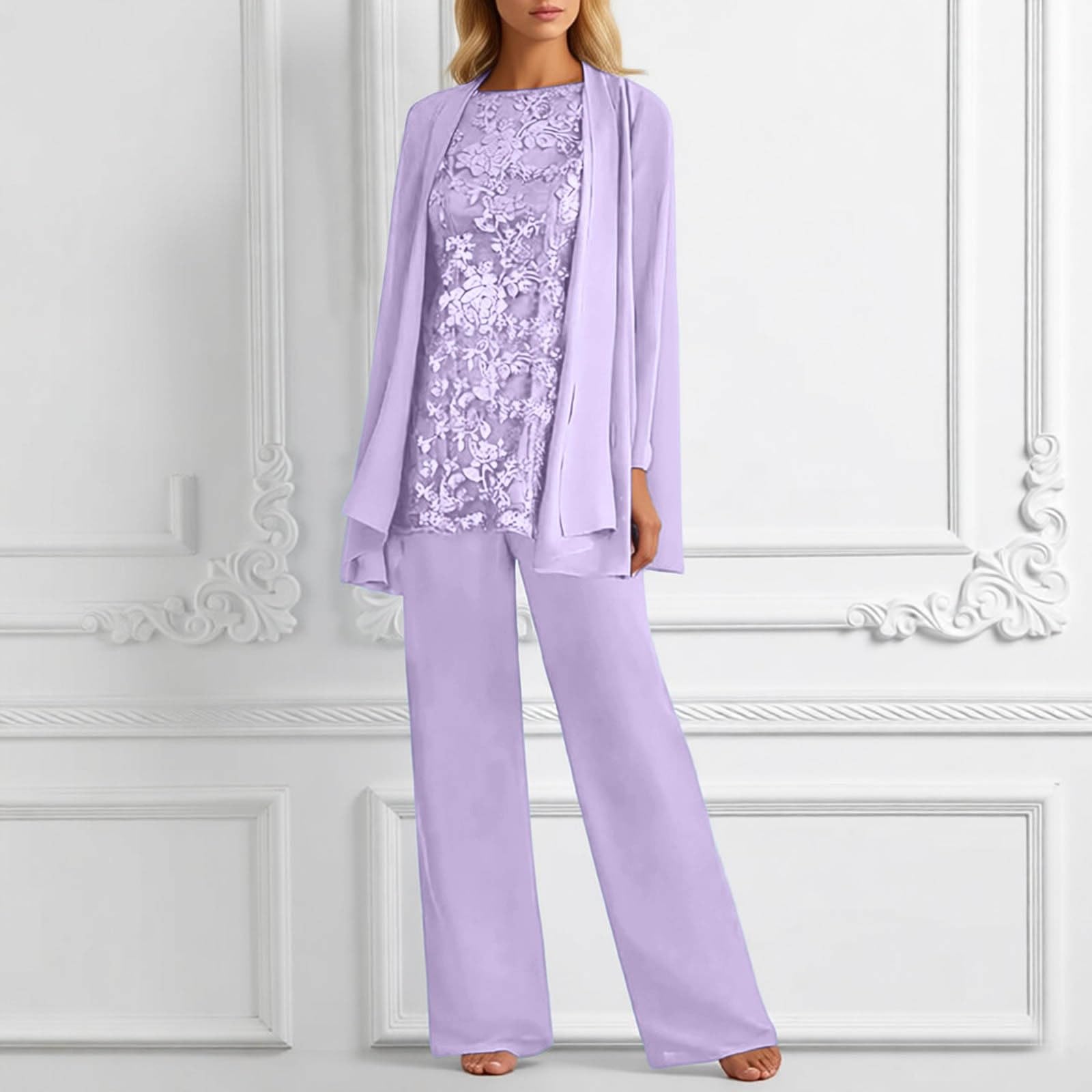 Traje de boda para mujer, chifón, traje de madrina para boda, pantalones formales con chaqueta, 3 piezas, elegante, traje de noche, traje de ocio, traje de pantalón transpirable, opaco