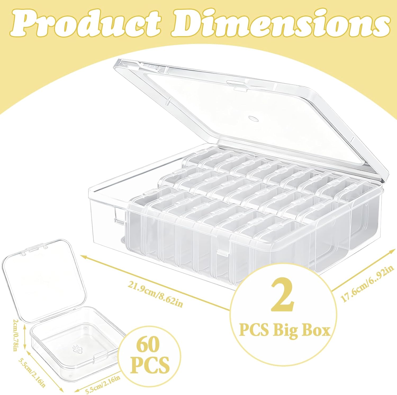 Huakaile 62 Packs Bead Storage Organizer with Hinged Lids, Clear Diamond Art Containers, Portable Bead Box Organizer Case for Making DIY Craft Jewelry Fake Nail Painting Small Parts (2)
