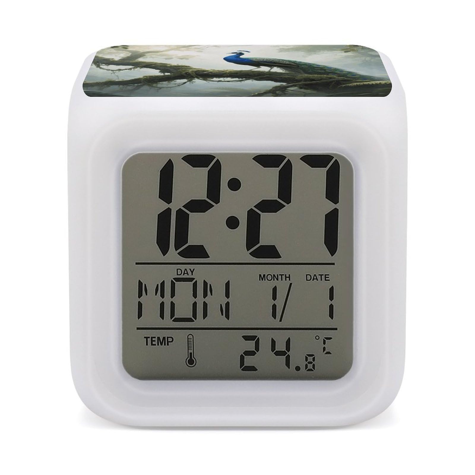 FodPand 7 Color Ambient Night Light Cube Battery Operated Forest Peacock Digital Clock with Snooze Temperature LED Digital Alarm Clocks Dimmable Wake Up Light Portable Mood Lamp for Bedroom Desk Gift