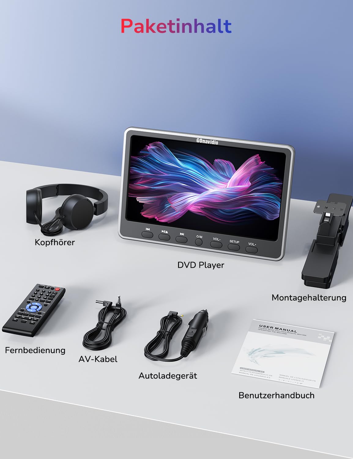 GOnavidio 12" Auto DVD Player mit HDMI-Eingang, Kopfhörer, Montagehalterung, Doppellautsprecher, DVD Player Auto Kopfstütze, Auto Fernseher unterstützt Sync Screen, AV EIN- und Ausgang ohne Akku