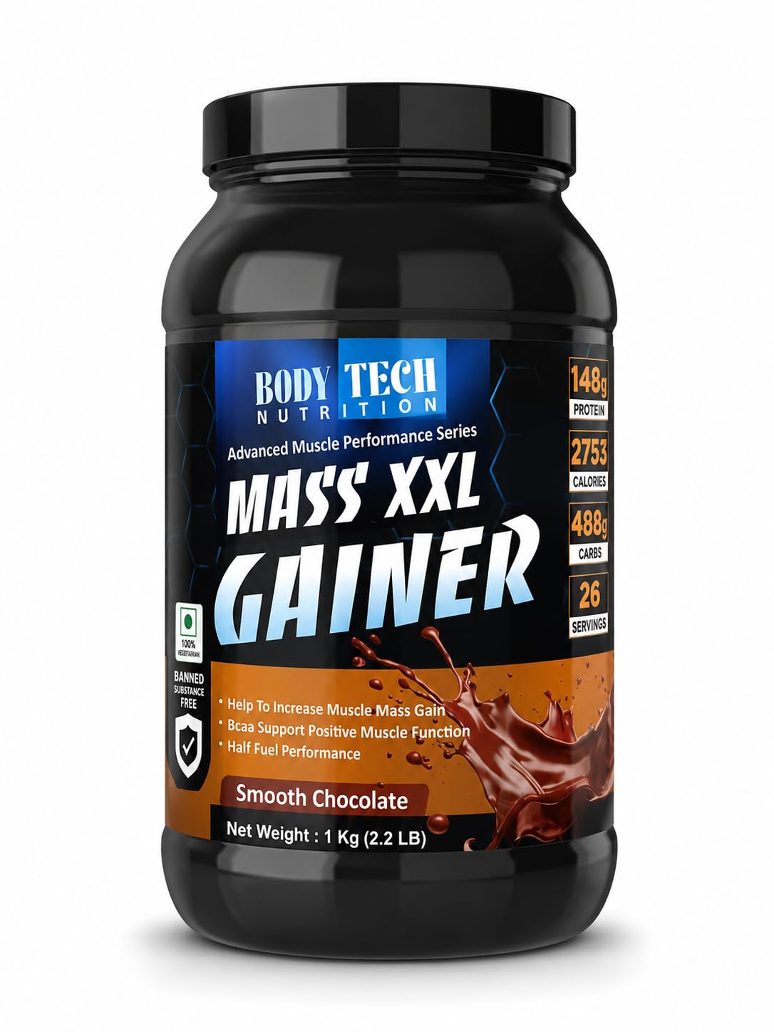 Mass XXL Gainer - Smooth Chocolate, 1Kg (2 2lb) | 14g Protein 275 Calories 48g Carbs per Serving | Mass & Weight Gaining Formula-image-23