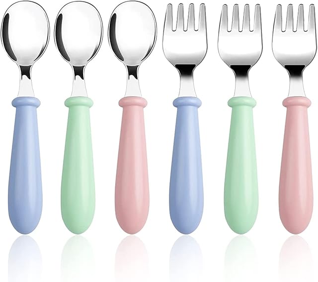 3 Set/6 PCS Baby Fork and Spoon, Toddler Utensils Stainless Steel Baby Forks and Spoons Silverware Set with Round Handle Kids Silverware Children's Flatware Kids Cutlery Set 3 x Forks,3 x Spoons