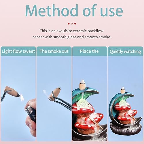 Miniatura 8 de YYW Quemador de incienso de reflujo con luna brillante y hongos con 20 conos+30 varillas para aromaterapia ornamento decoración del hogar