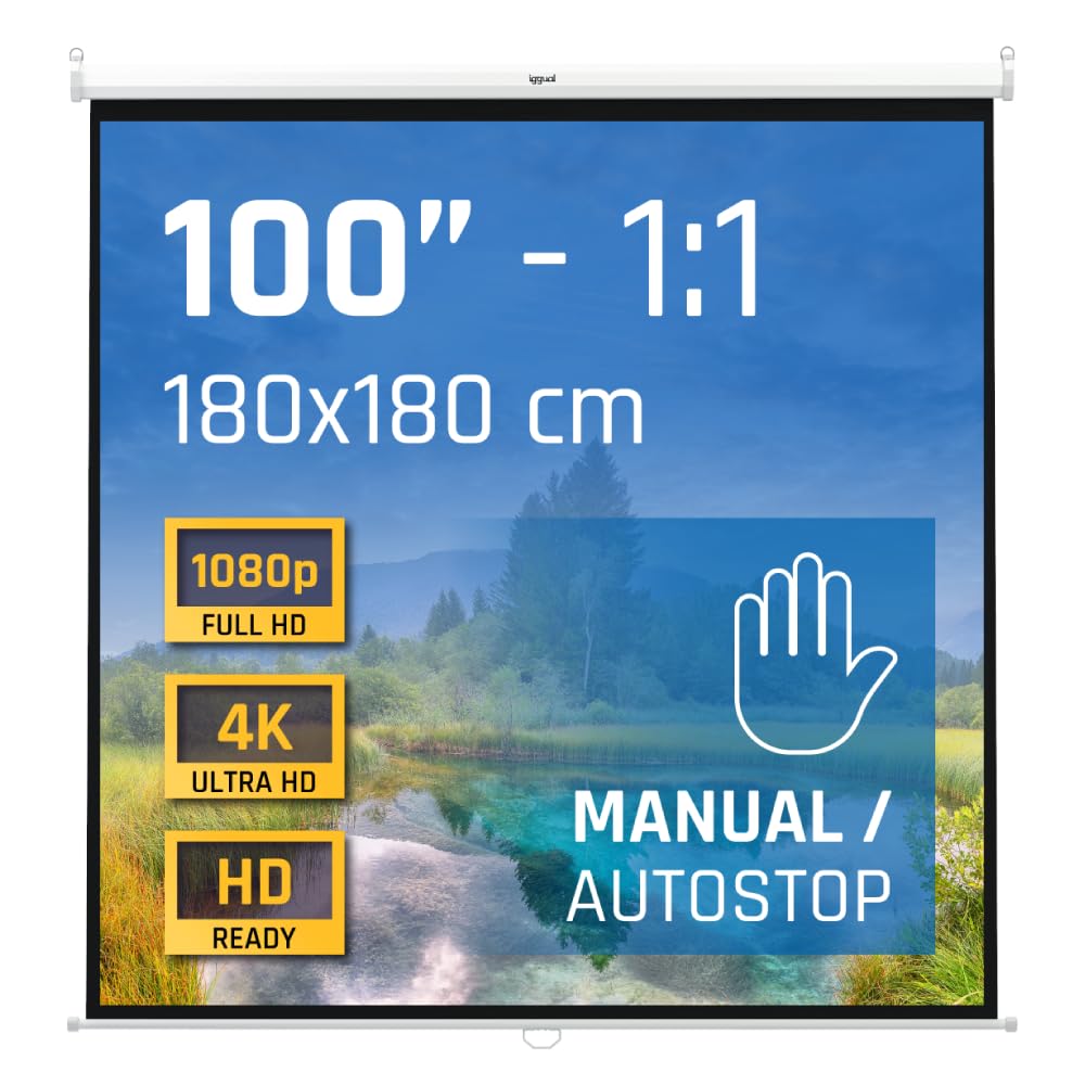 iggual Projection Screen 100 Inches – Manual Roll Up Box – Square Format 1:1 – 180° Viewing Angle– Height Adjustable Suitable for Wall/Tech- Compatible 4K and Any Projector, (180 x 180 cm)