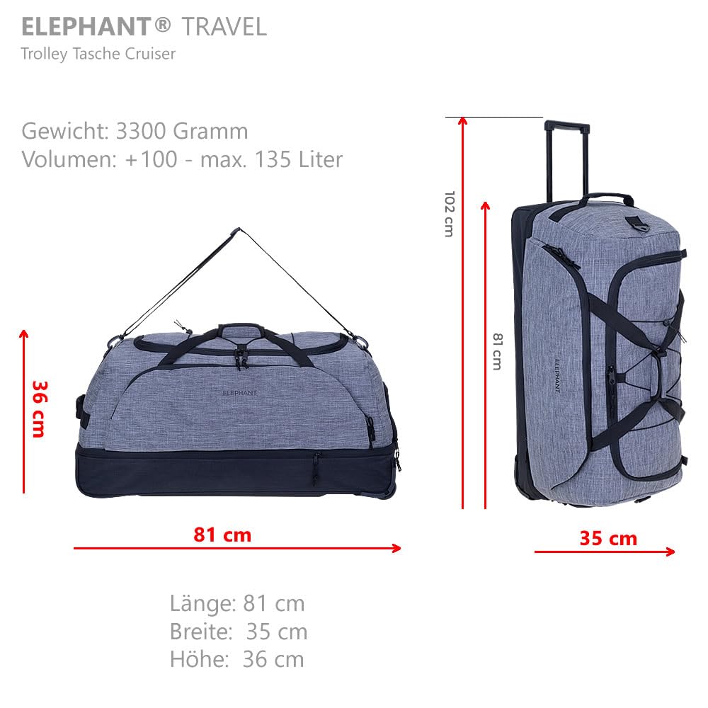 Elephant Reisetrolley Cruiser Travel Trolley 13031 Anthrazit Gun Oliv | Koffer Weichgepäck Reisetasche Reise Urlaub 100-135 Liter Dehnfalte Schuhfach Seitenfach Flach verstaubar