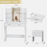 Vista 7 de Mesa de tocador con espejo de luces LED y toma de corriente, juego pequeño de mesa de maquillaje con cajones de almacenamiento y silla, 3 modos