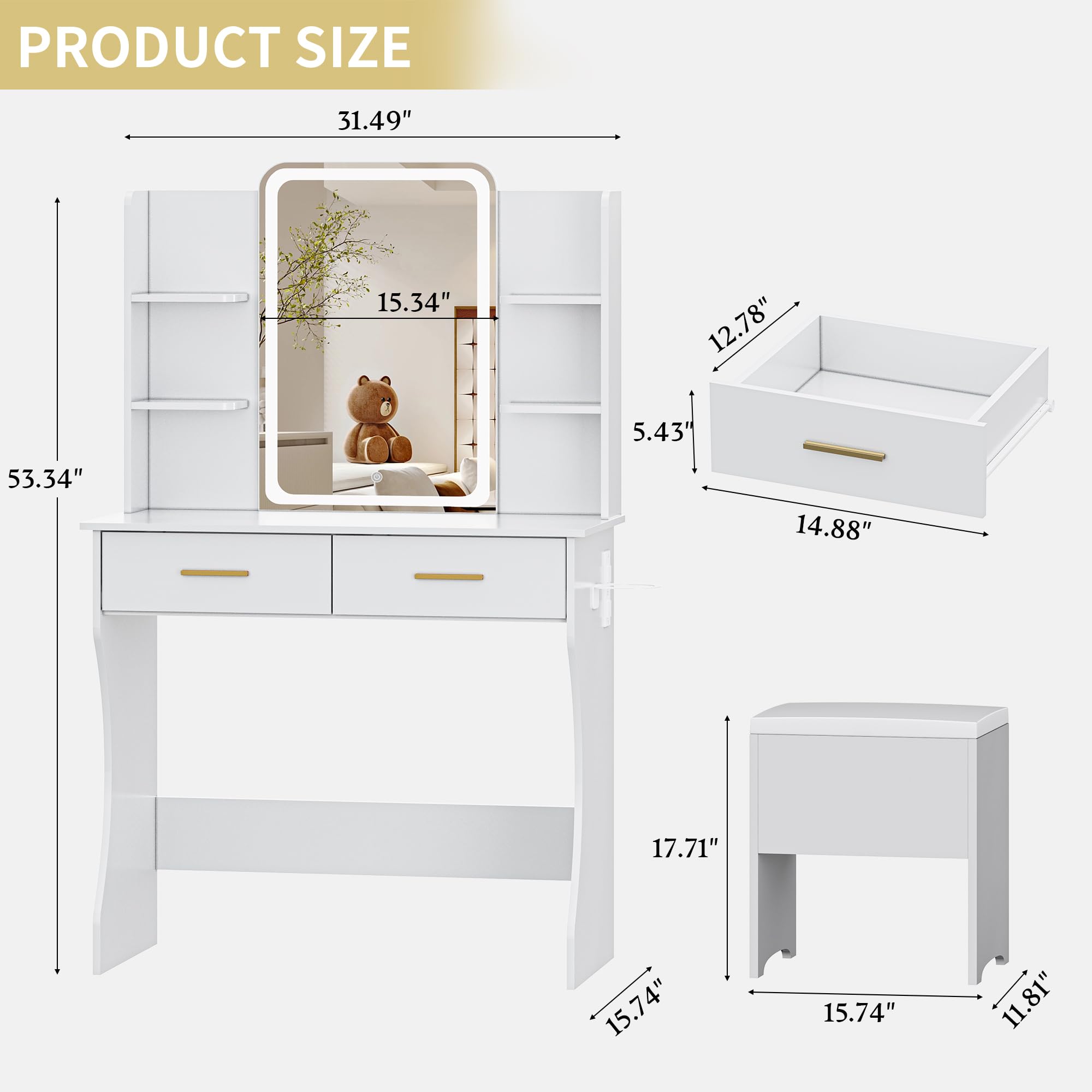 Vanity Desk with LED Lights Mirror & Power Outlet, Small Makeup Vanity Table Set with Storage Drawers & Chair, 3 Lighting Modes & Adjustable Brightness, Dressing Table for Women Girls Bedroom, White