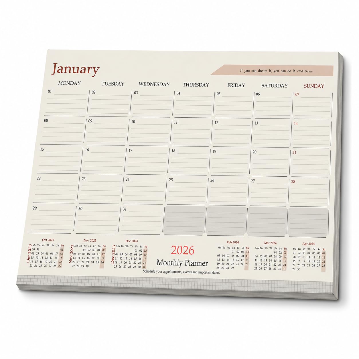 Panku Calendario da tavolo 2026 di ricambio per planner da tavolo, 12 mesi, gennaio 2026, dicembre 2026, 38,1 x 29,9 cm, agenda giornaliera per ufficio