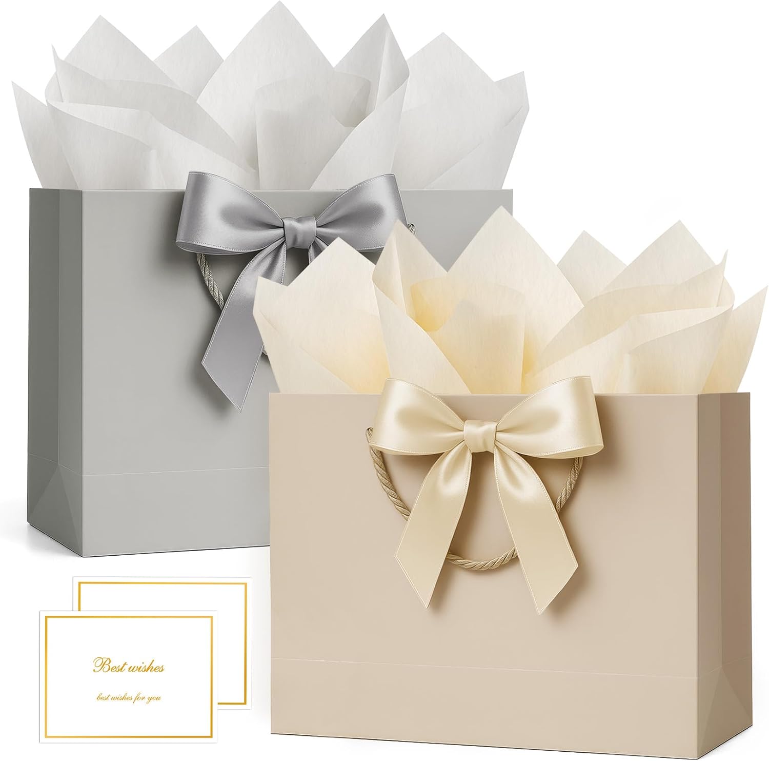 ANZNKU 2PCS Gift Bags, Paper Gift Bags with Handles 2 Ribbon 4 Tissue Paper 2 Cards, Medium Gifts Wrap Bag for Women & Men Valentine, Baby & Bridal Shower, Birthday, Wedding, Party Favors (Beige+Gray)