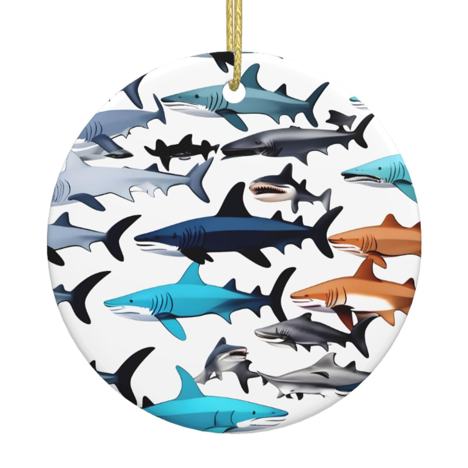 Sharks Pattern Print Christmas Ornaments, Ceramic Hanging Ornament, Round Shape Decorations
