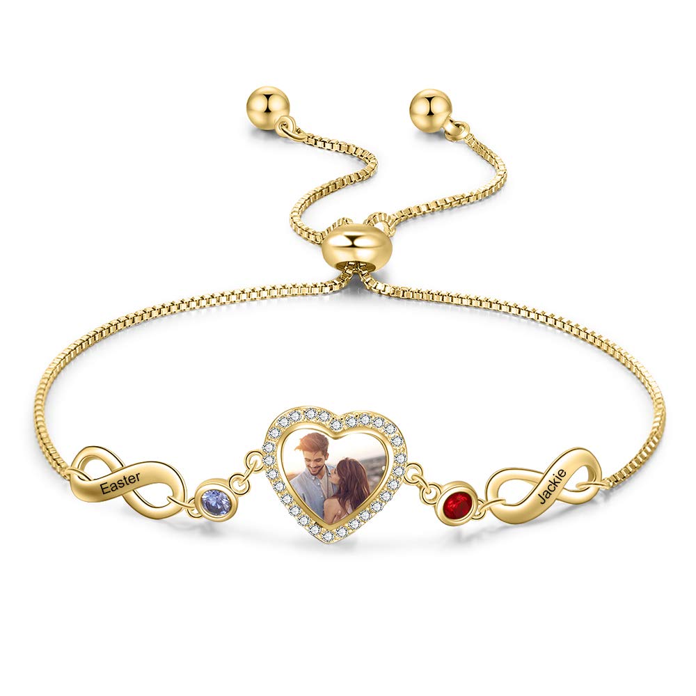 Personalized Photo Bracelet for Women with Simulated Birthstone Heart Photo Locket Infinity Bracelet Custom Engraved Name Sister Bracelet Gifts for