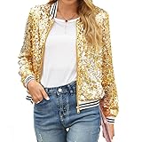 FEORJGP Womens Sparkle Baseball Bomber Jacket Sequin Shimmer Jacket Coat Long Sleeve Glitter Shiny Baseball Jacket Outerwear (Gold, L)