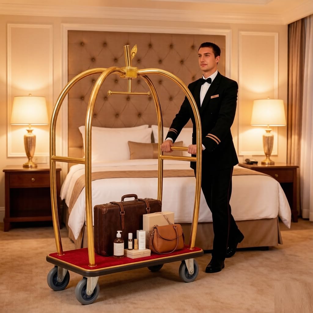 Wózek bagażowy, wózek serwisowy hotelowy, 6-calowe gumowe kółka, złoty, stal nierdzewna, odpowiedni do miejsc komercyjnych, takich jak hotele, apartamenty, kurorty itp.