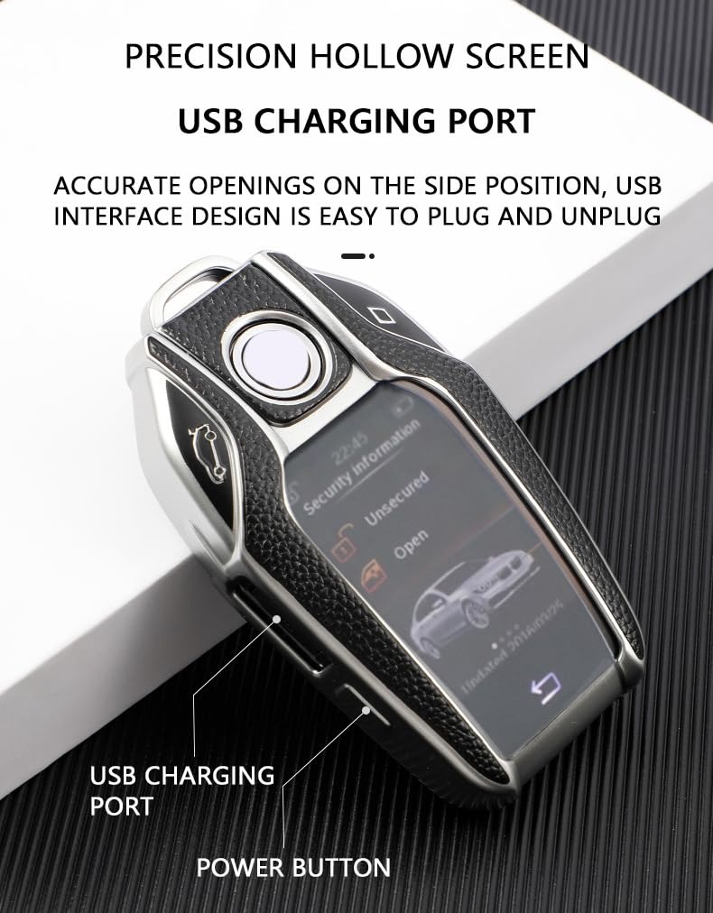 HIBEYO Smart Car Key Case Fits BMW Key Case Protective Cover for BMW 5 Series 7 Series i8 730li 740li 750li New X3 X7 Key Box Display Key Remote Key TPU Leather Texture Silver - Image 3