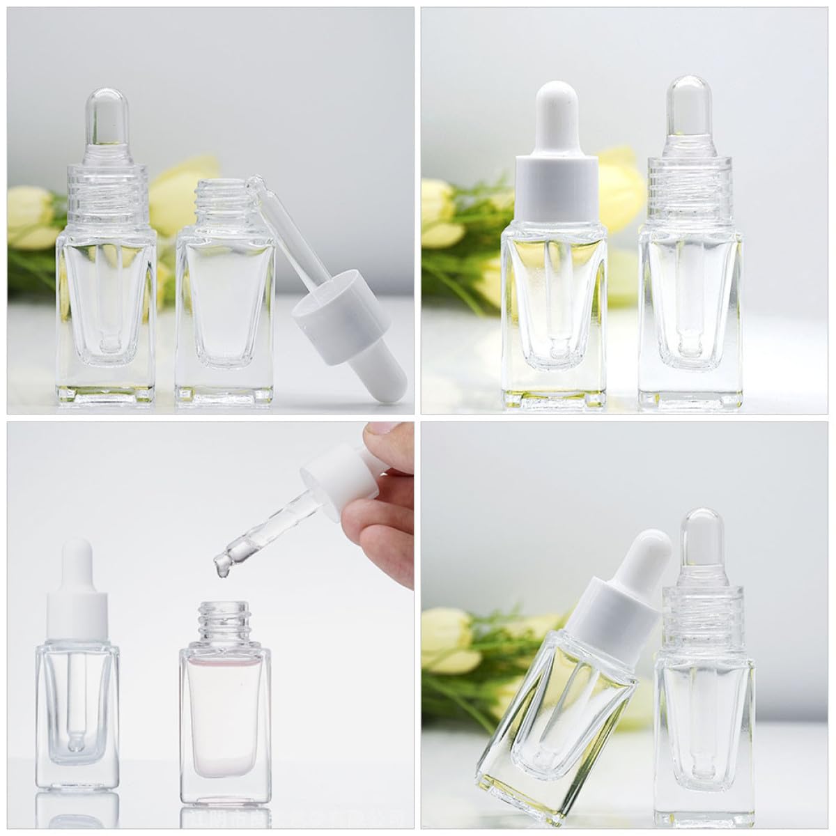 Flaconi Contagocce per Oli Essenziali 15ml in Vetro Trasparente Quadrato, Set da 10 Pezzi Contagocce in Vetro e Anello Plastico Bianco, Ricaricabili e Portatili per