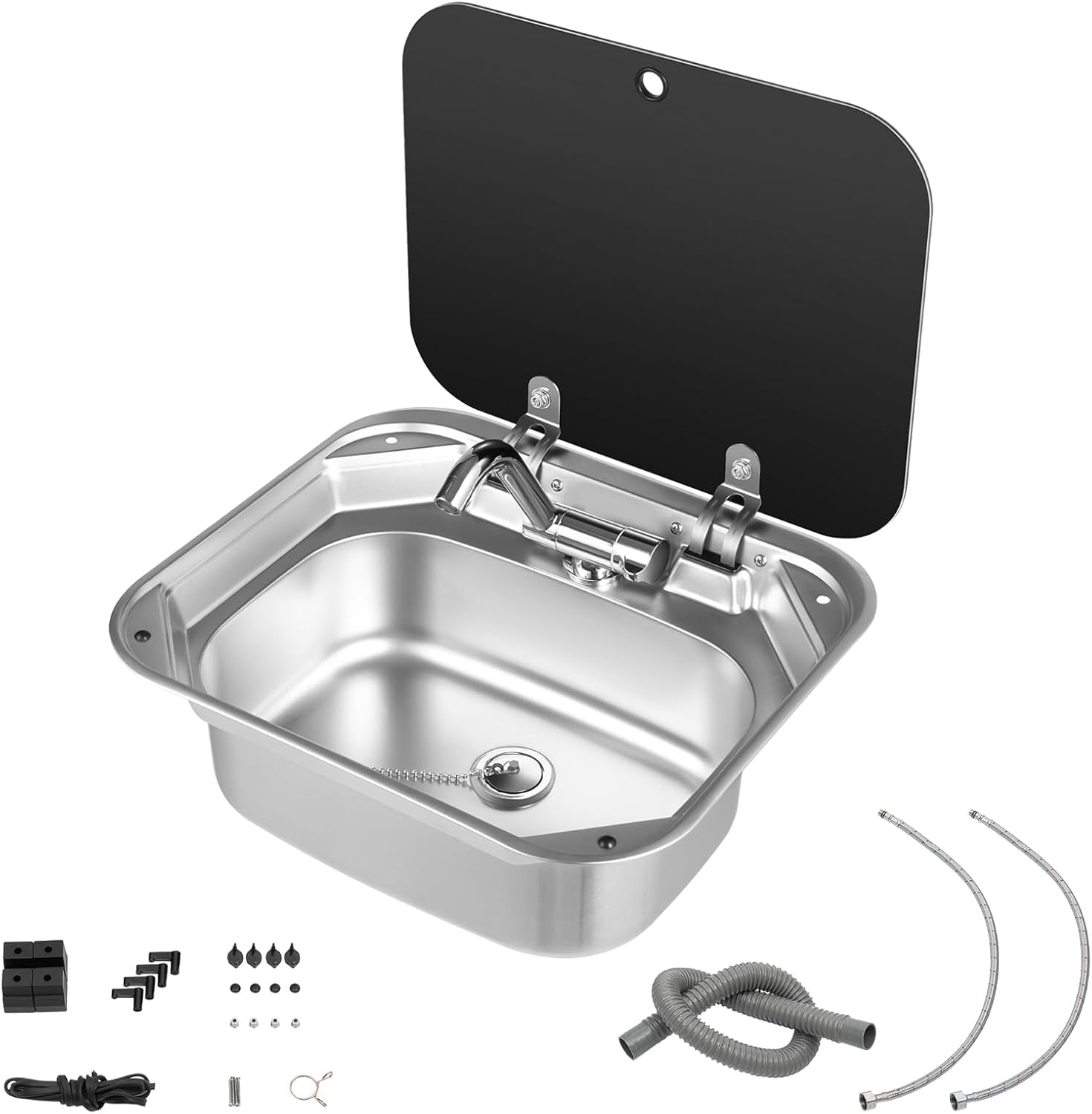 Large Stainless Steel Capacity RV Sink Flexible Faucet, RV Faucet + Sink + Downspout + Downpipe, OutdoorSink, Van Camper Trailer Accessories, for Motorhomes, Hotels, Cafés