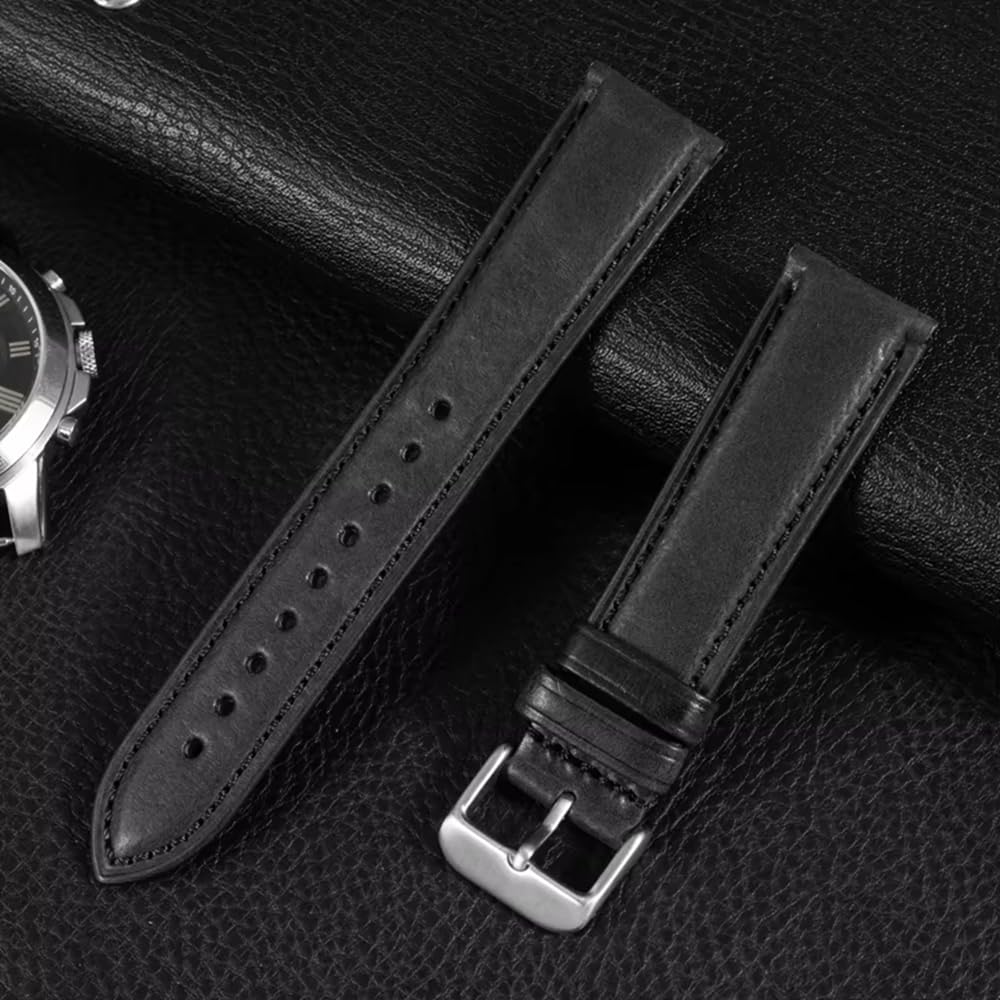 RYO101 Genuine Leather Watch Band, Classic Stitched Design with Silver Buckle (Black, 20mm)