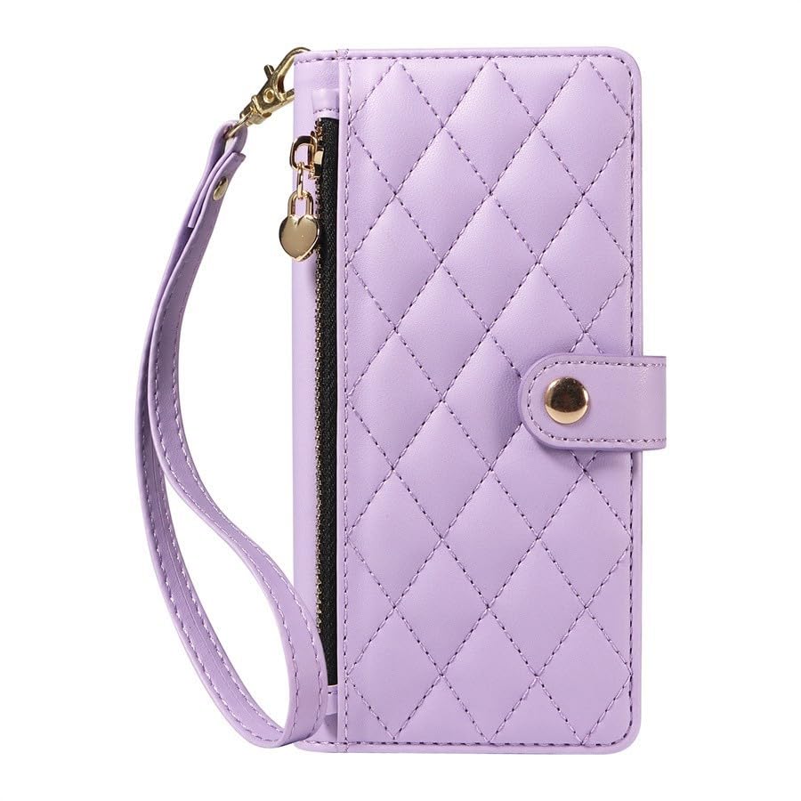 Étui iPhone 17 Pro violet anti-perte avec sangle portefeuille zippé protège vos cartes