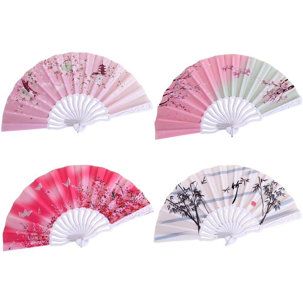 Hrippy 4pcs Vintage Floral Folding Fan, Plastic Handheld Fan for Wedding Dancing Church Party Scene Decoration