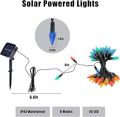 Miniatura 3 de Leisure world Paquete de 2 50 luces LED C6 solares de Navidad para exteriores, 8 modos de luces de fresa de 23 pies, luces de hadas de Navidad