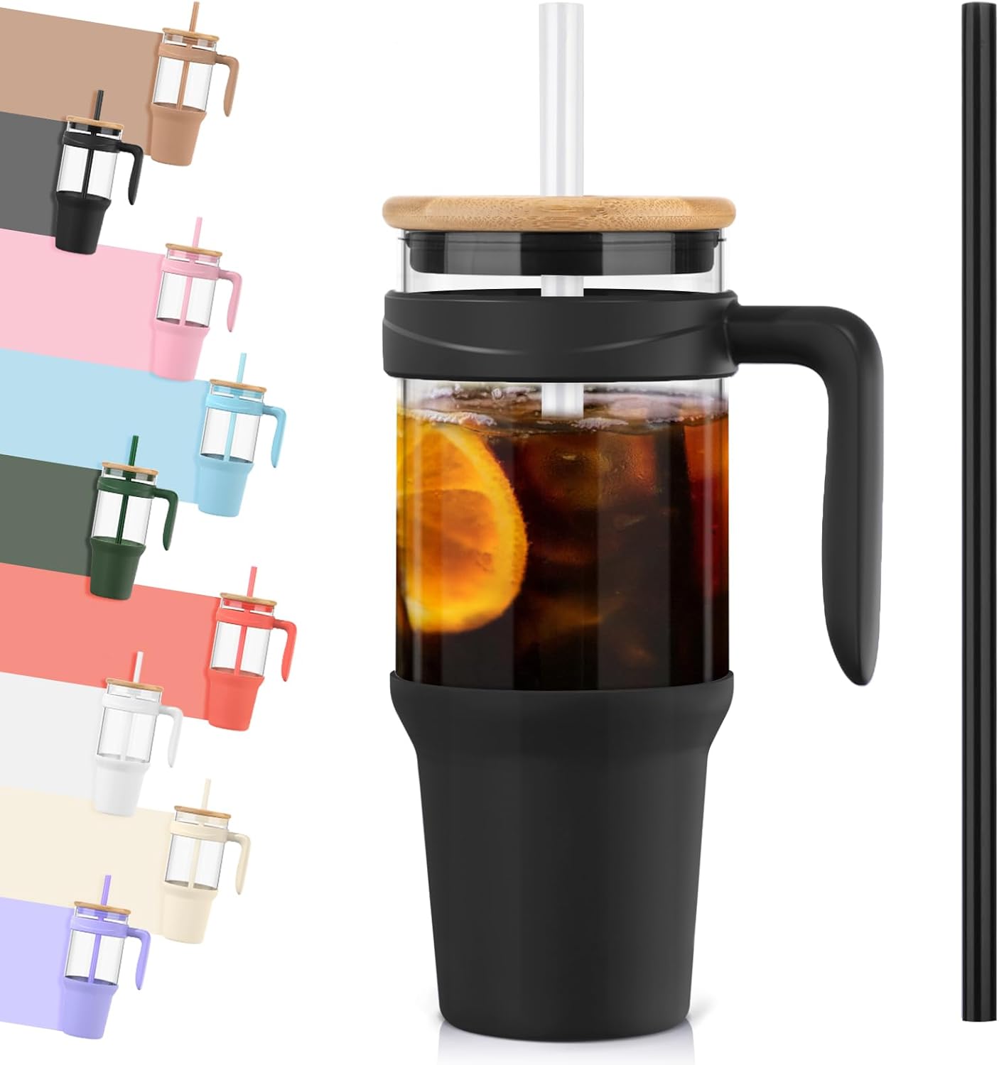 Tronco 40 oz Glass Tumbler with Handle, Bamboo Lid and Straw, Fits Cup Holders, Reusable Glass Water Bottles for Iced Coffee and Smoothie, Lead-Free, BPA-Free Black-Bamboo 42 Ounces - Image 1 of 7