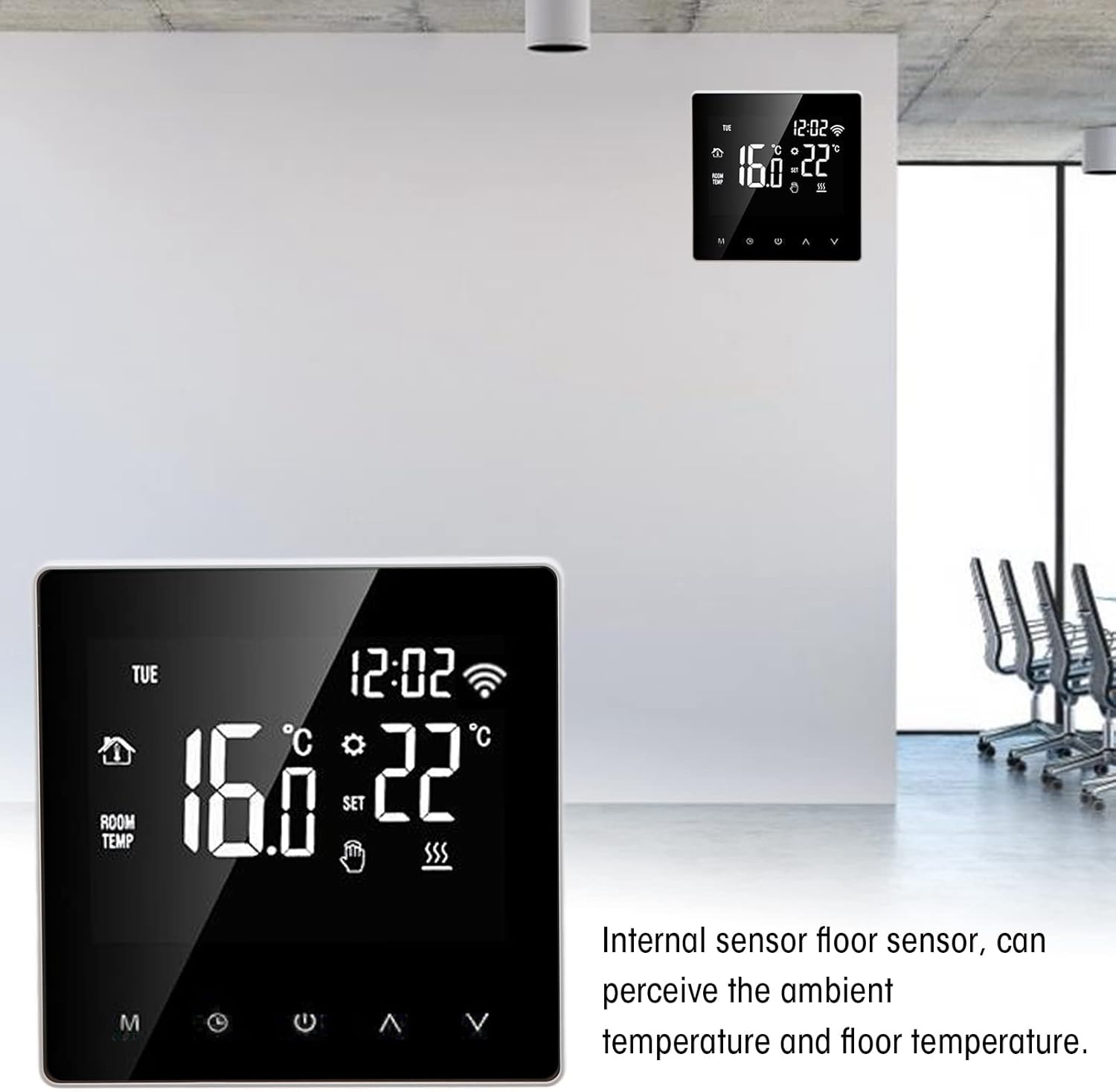 Walfront ME81H Smart Thermostat on a wall, illustrating internal sensor capability