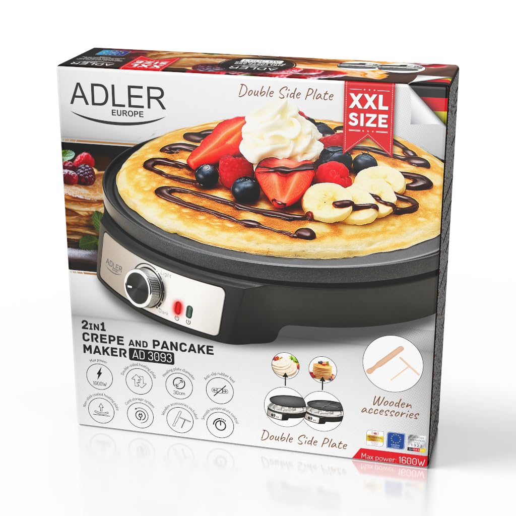 Adler Crepe Maker [Ø 30 cm] elektryczna z rozdzielaczem ciasta i łopatką | płyta do robienia naleśników z powłoką zapobiegającą przywieraniu + bezstopniowa regulacja temperatury | 1600 W pancake Maker