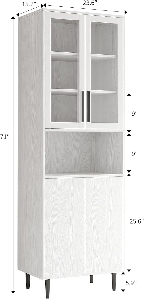 TUSY 70.9 H Bookshelf with Glass Doors, 5-Tier Display Curio Cabinet with Drawers, Narrow Display Bookcase for Home, Office, Clinic, Pantry (White, A)