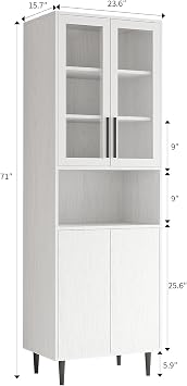 TUSY 70.9 H Bookshelf with Glass Doors, 5-Tier Display Curio Cabinet with Drawers, Narrow Display Bookcase for Home, Office, Clinic, Pantry (White, A)