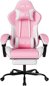 SUKIDA Gaming Stuhl, Ergonomischer Gaming-Stuhl mit Fußstütze, Racing Gamer Chair 90-135° Rückenlehne einstellbar, Computerstuhl Höhenverstellbar Lendenwirbelstütze, Pinkwhite
