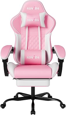 SUKIDA Gaming Stuhl, Ergonomischer Gaming-Stuhl mit Fußstütze, Racing Gamer Chair 90-135° Rückenlehne einstellbar, Computerstuhl Höhenverstellbar Lendenwirbelstütze, Pinkwhite