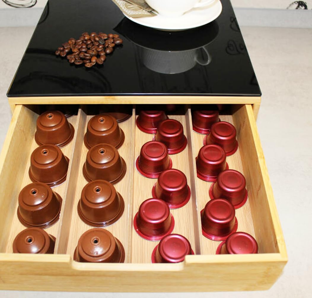 Portacapsule Bambù Con Cassetto Scomparti Caffè Organizzatore Capsule Cialde Tisane Tè Bustine Di Zucchero Bicchierini 30x30x10Cm